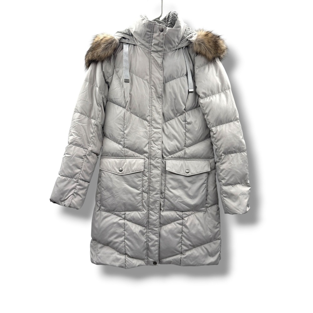Eddie Bauer Lodge Cascadian Down Parka Womens Small Gray Fur Trim Hood‎ Coat